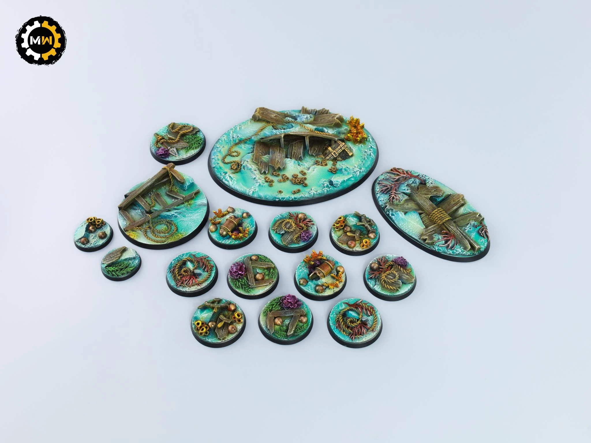 Miniature bases with gothic floor tiles, candle details, and violet stained-glass textures