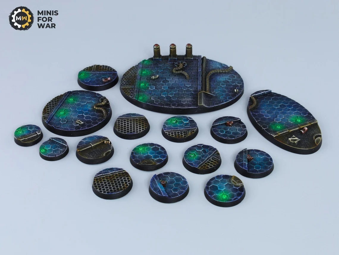 Sci-fi bases with metallic grids, glowing green dots, and dark blue industrial patterns