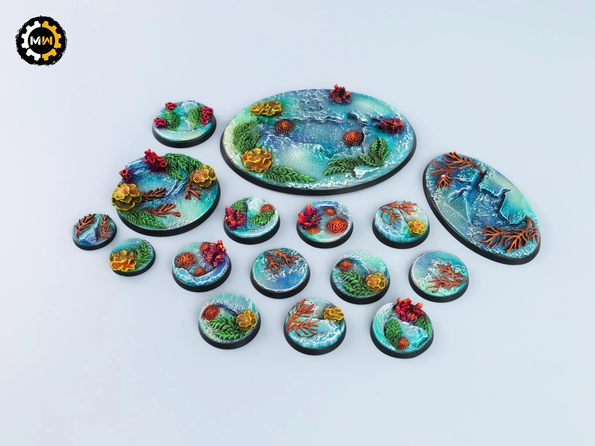 Miniature bases with chaotic symbols, bubbling terrain, and corrupted textures