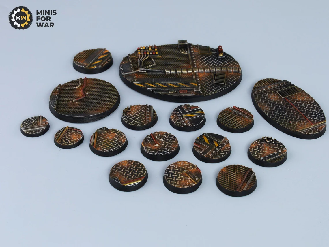 Industrial-style bases with metal textures, hazard stripes, and rust effects