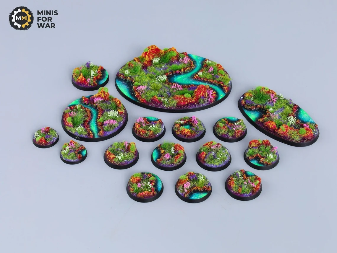 Brightly colored fantasy miniature bases with glowing rivers and magical flora