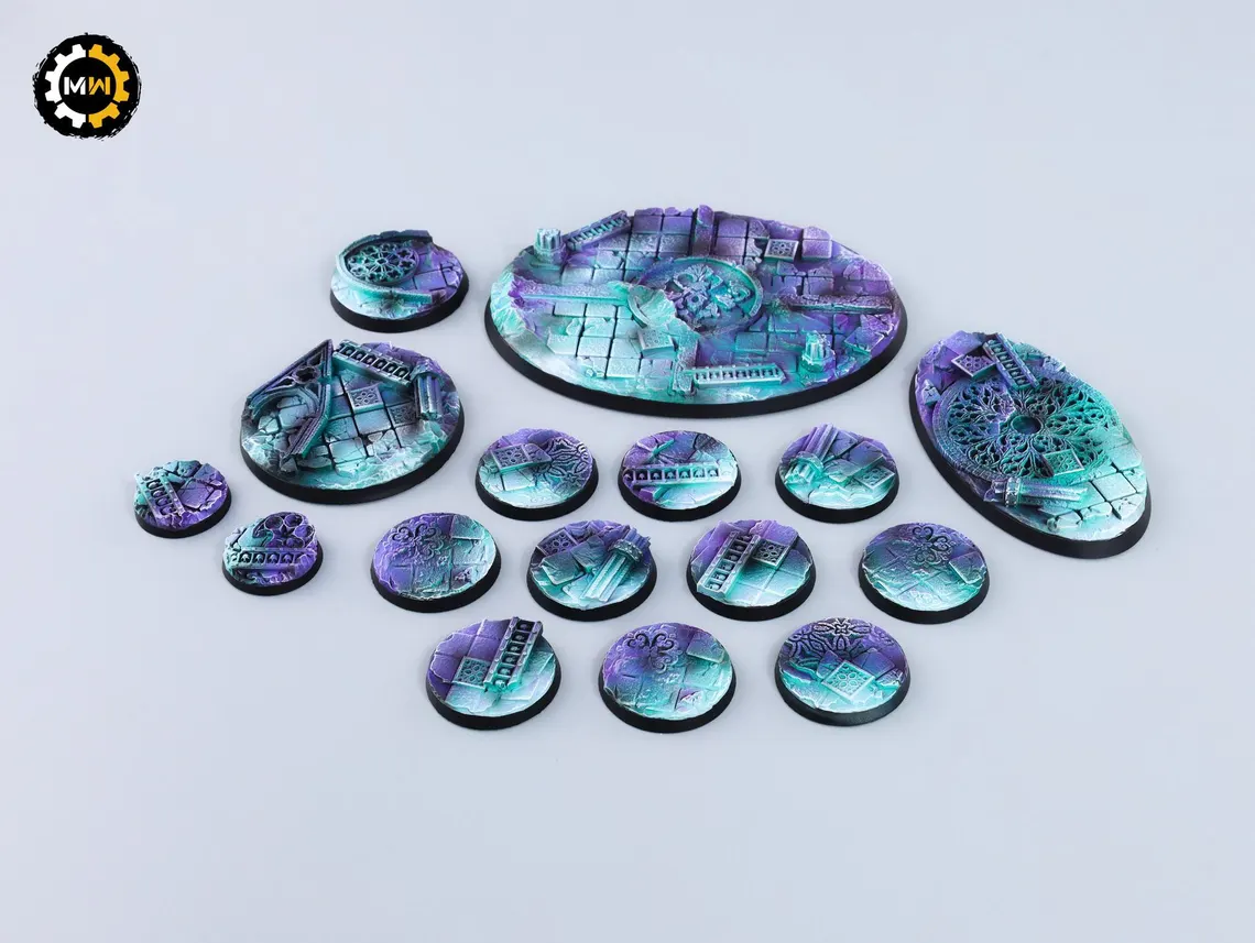 Magical-themed bases in blue-purple hues with arcane architecture and glowing symbols