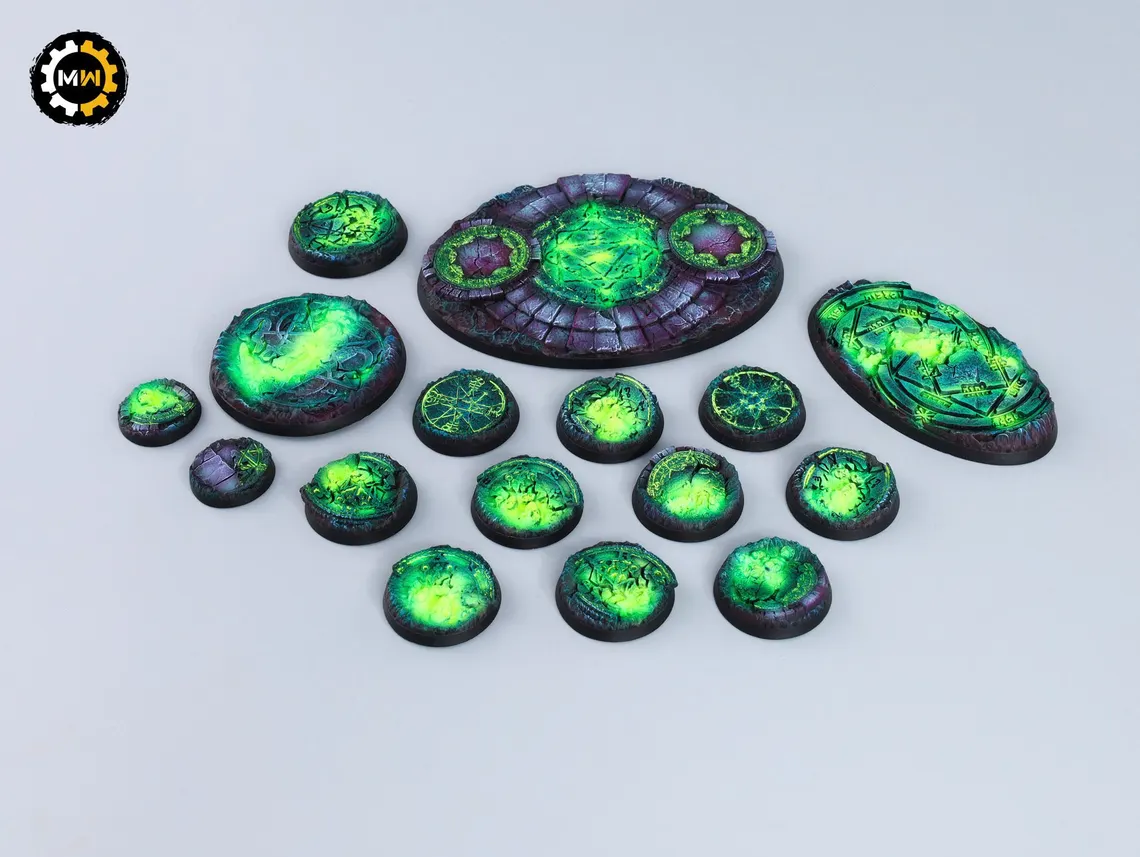 Magic-themed bases with neon green runes, ritual circles, and cracked stone surfaces