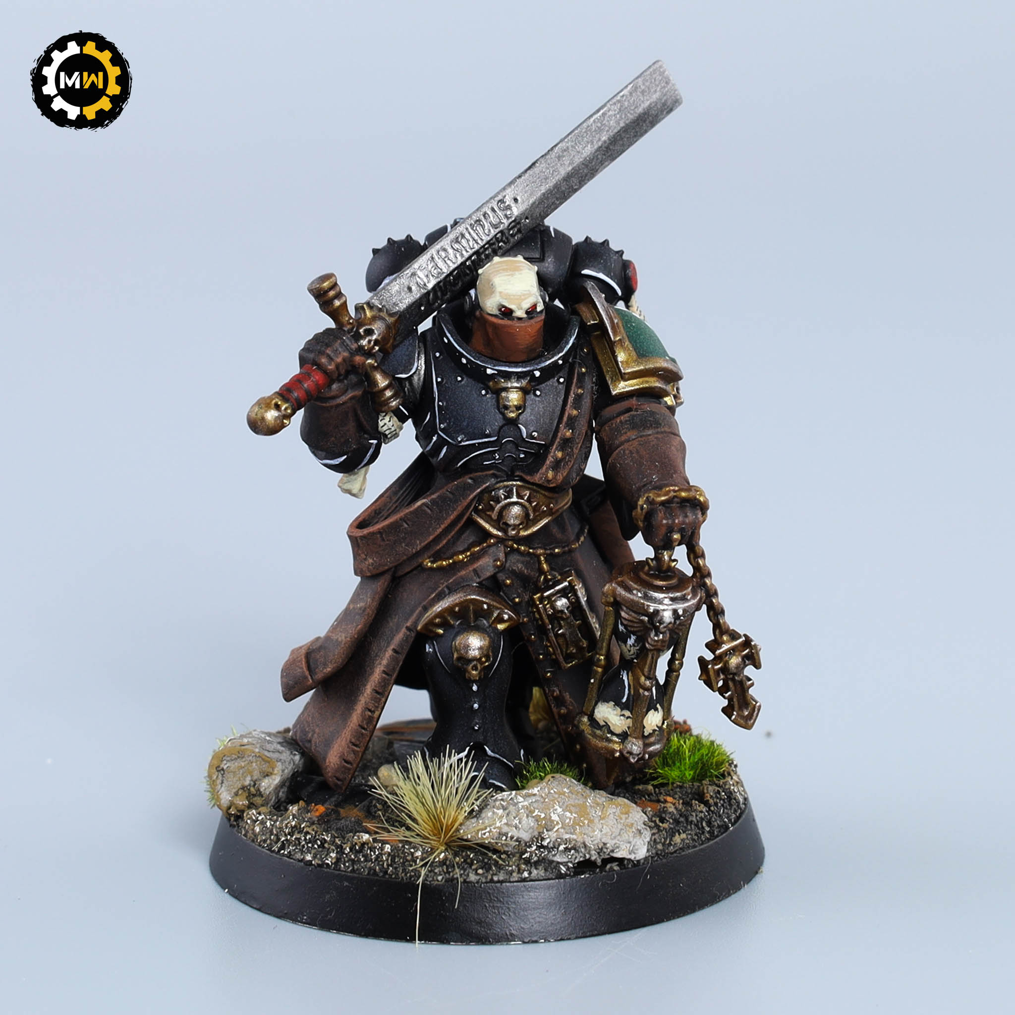Dark Angels Army Judiciar model painted in black and brown tones, wielding an executioner sword and holding a censer, displayed on a scenic base.