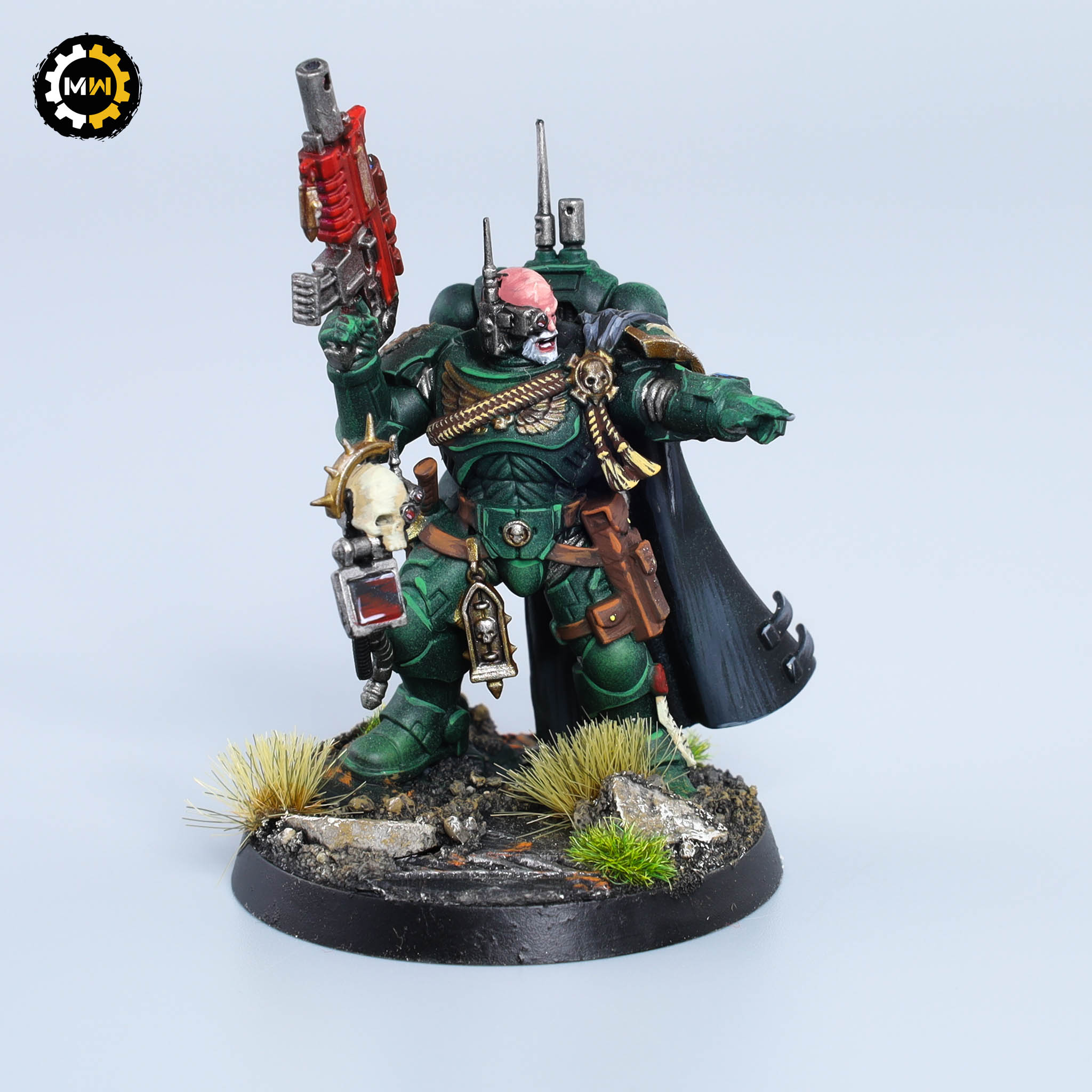 Dark Angels Army Captain in Phobos Armour painted in green armor, equipped with a bolt carbine and tactical gear, displayed on a scenic base.