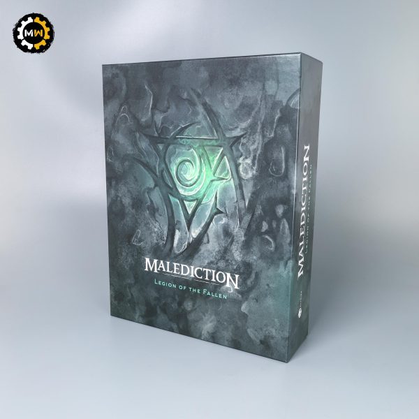 The front cover of the Malediction Legion of the Fallen starter box, showcasing a dark stone background with a glowing green runic symbol.