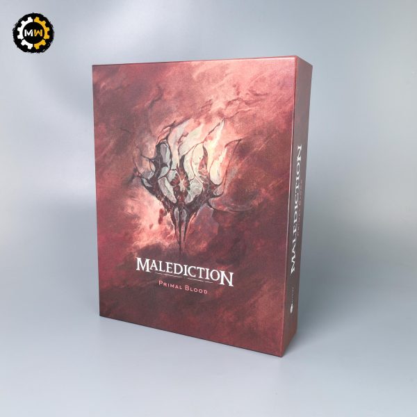 The front cover of the Malediction Primal Blood starter box, featuring a deep red background with a jagged, aggressive bone and flesh emblem.