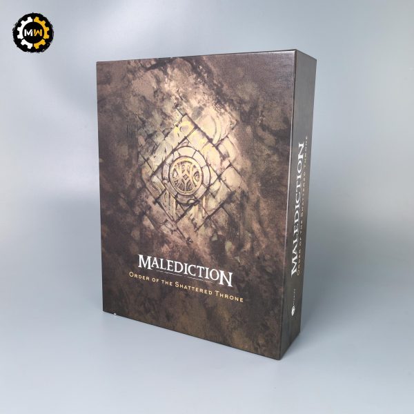 The front cover of the Malediction Order of the Shattered Throne starter box, displaying a weathered bronze and stone aesthetic with a central metallic crest.