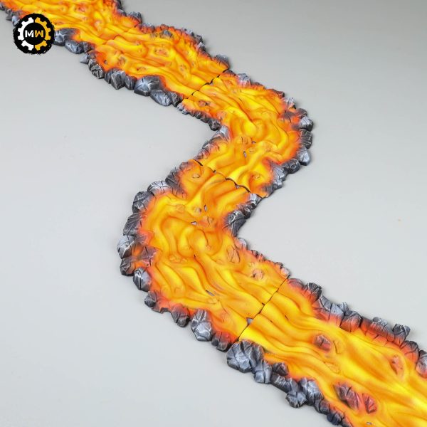 Painted wargaming terrain featuring a glowing lava river piece with scorched earth.